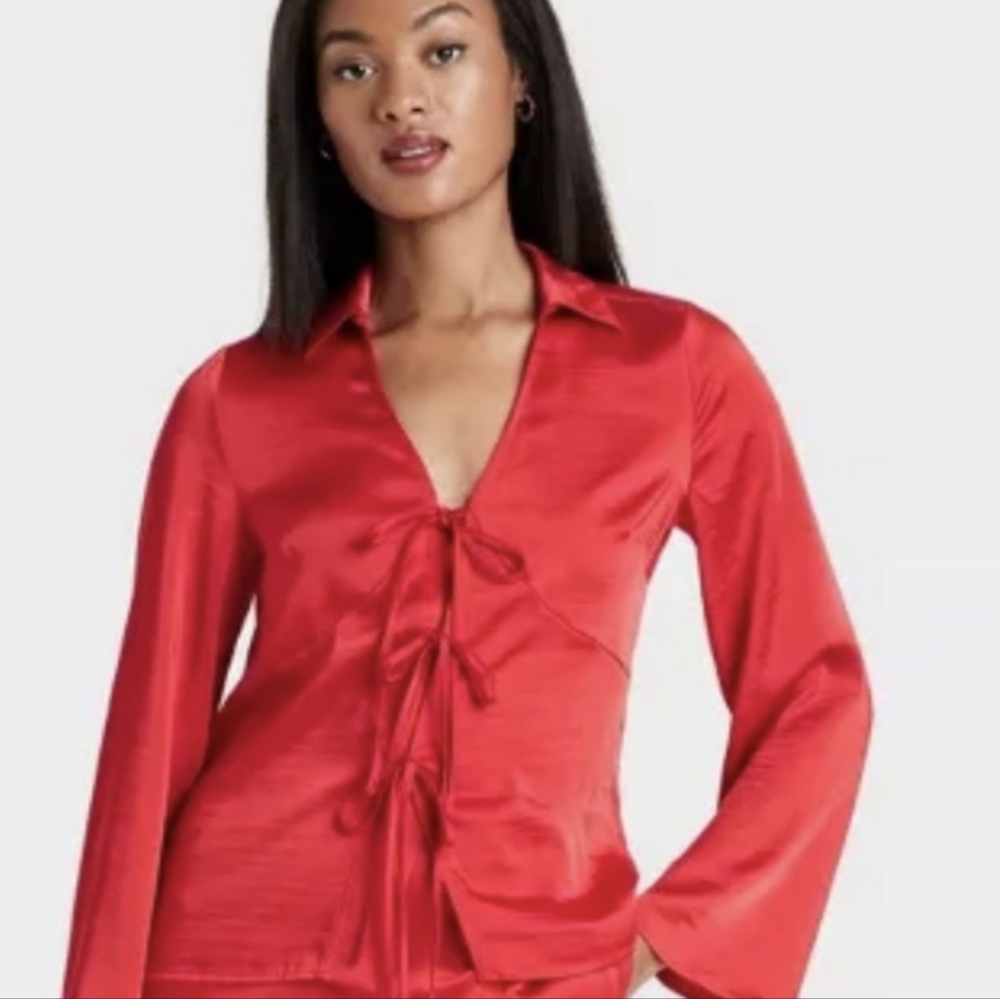 Long Sleeve Satin Tie Blouse - A New Day NWT